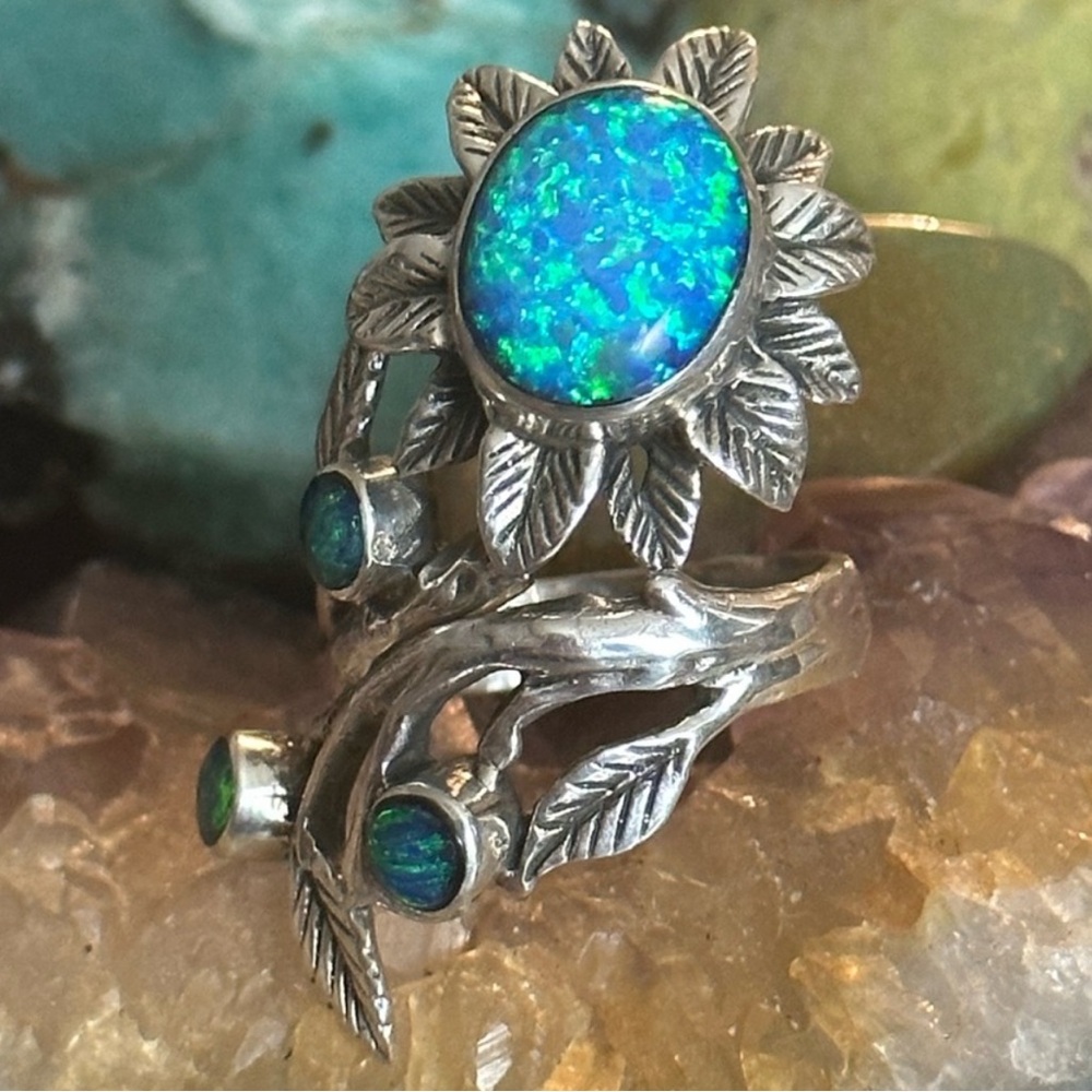 Opal Flower Statement Bypass Wrap Sterling Silver… - image 1